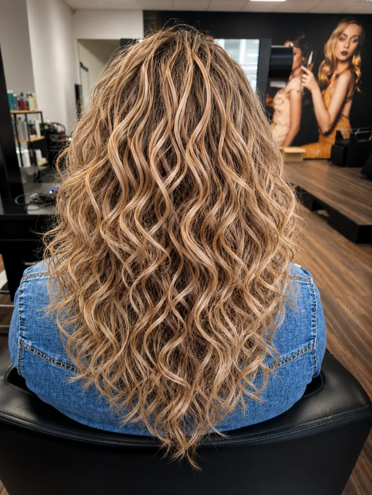 Lang blond haar met krullen en highlights