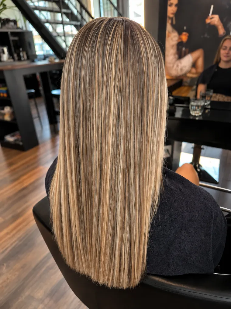 Lang steil blond haar met highlights