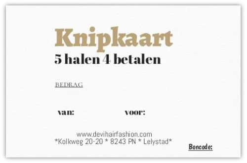 Knipkaart Actie – Kapsalon Lelystad ✂️ 5x knippen = 4x betalen 🎁 1x GRATIS knippen Vraag ernaar in de salon!